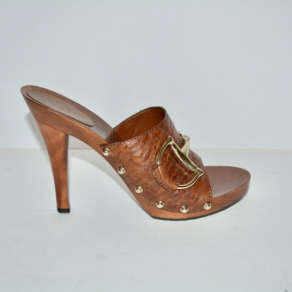NIB GUCCI OSTRICH LEATHER HORSEBIT MULES - Picture 1 of 3